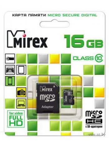 Карта памяти microSD 16GB Mirex microSDHC Class 10 (SD адаптер)