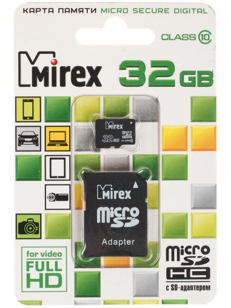 Карта памяти microSD 32GB Mirex microSDHC Class 10 (SD адаптер)